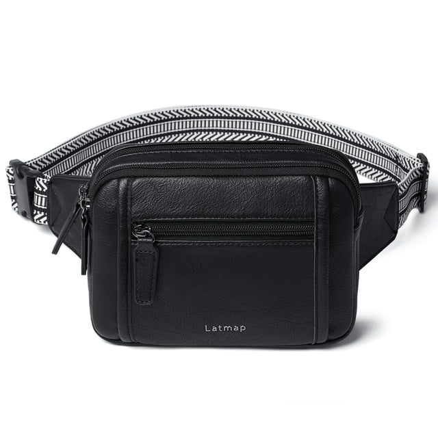 Riñonera LATMAP 3L con triple cremallera, unisex, piel sintética negra