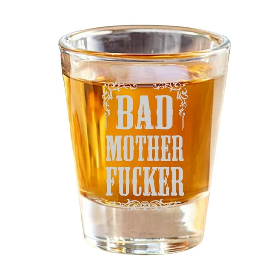 Hip Flask Plus 2oz Shot Glass - Machine Engraved "Bad Mother Fer" Design