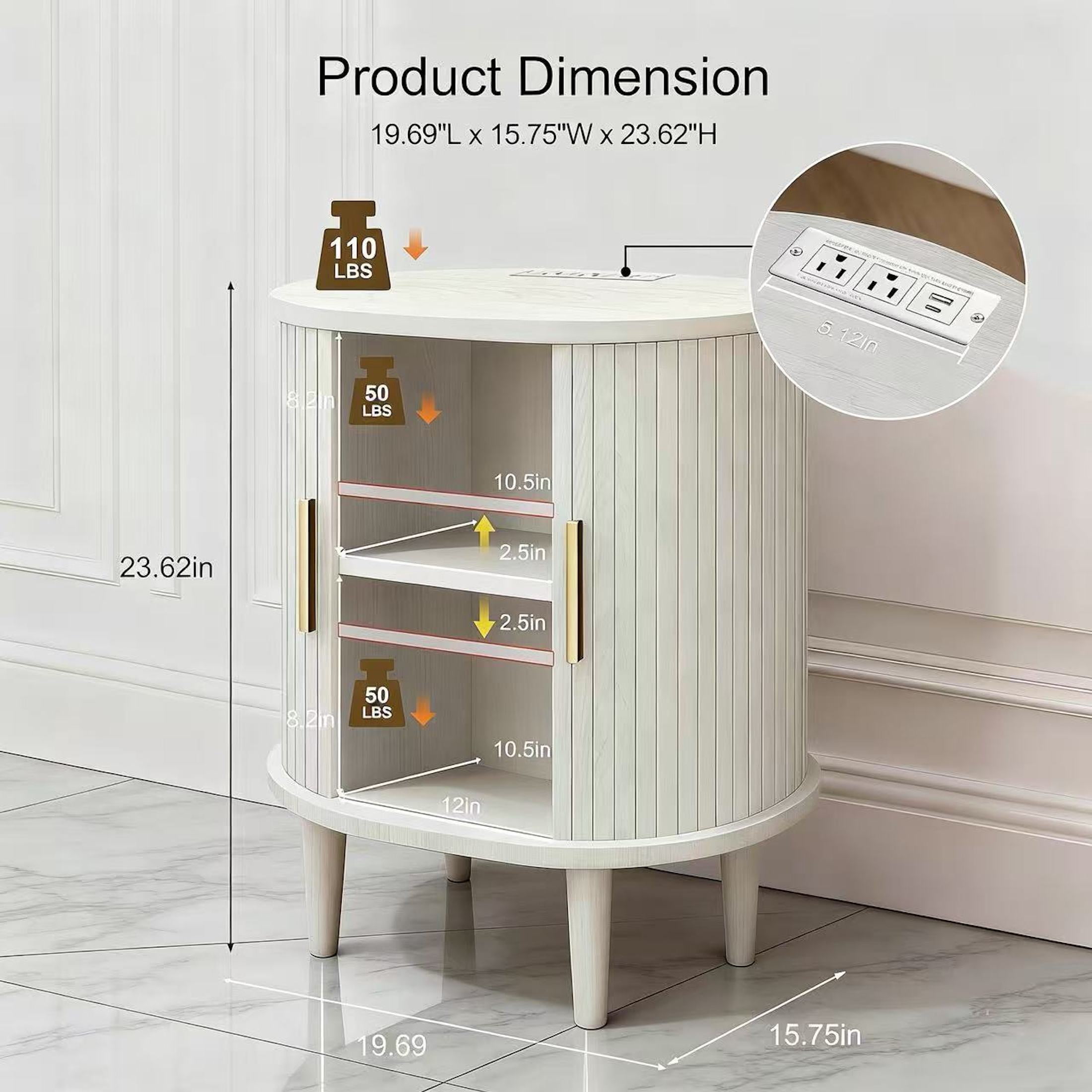 Aisword Nightstand with Charging Station, Fluted Accent Side Table with Sliding Door and Adjustable Shelf, End Table for Small Space, White