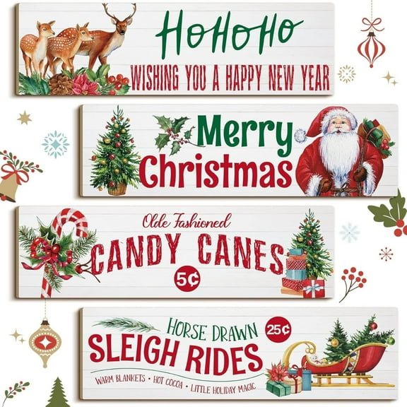 4pcs Christmas Wood Hanging Sign,Christmas Candy Canes Sign Merry Christmas Sign Wooden Door Sign for Indoor Outdoor
