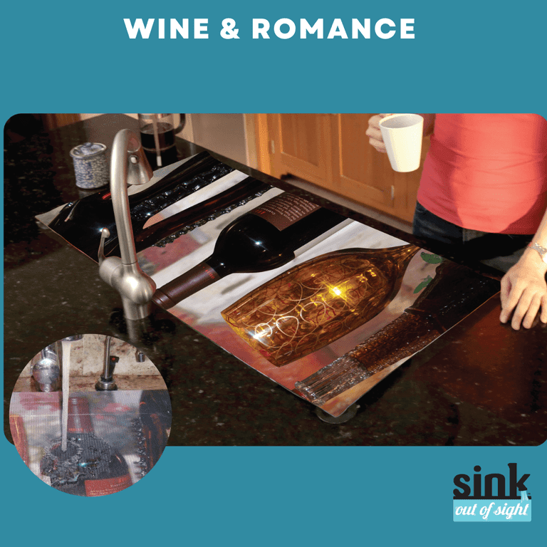 Sink Out of Sight- Home Decor Kitchen Sink Cover, Hot/Cold Liquids and  Debris Pass Through Cover, 2 Adjustable Sizes Design: Wine & Romance Single