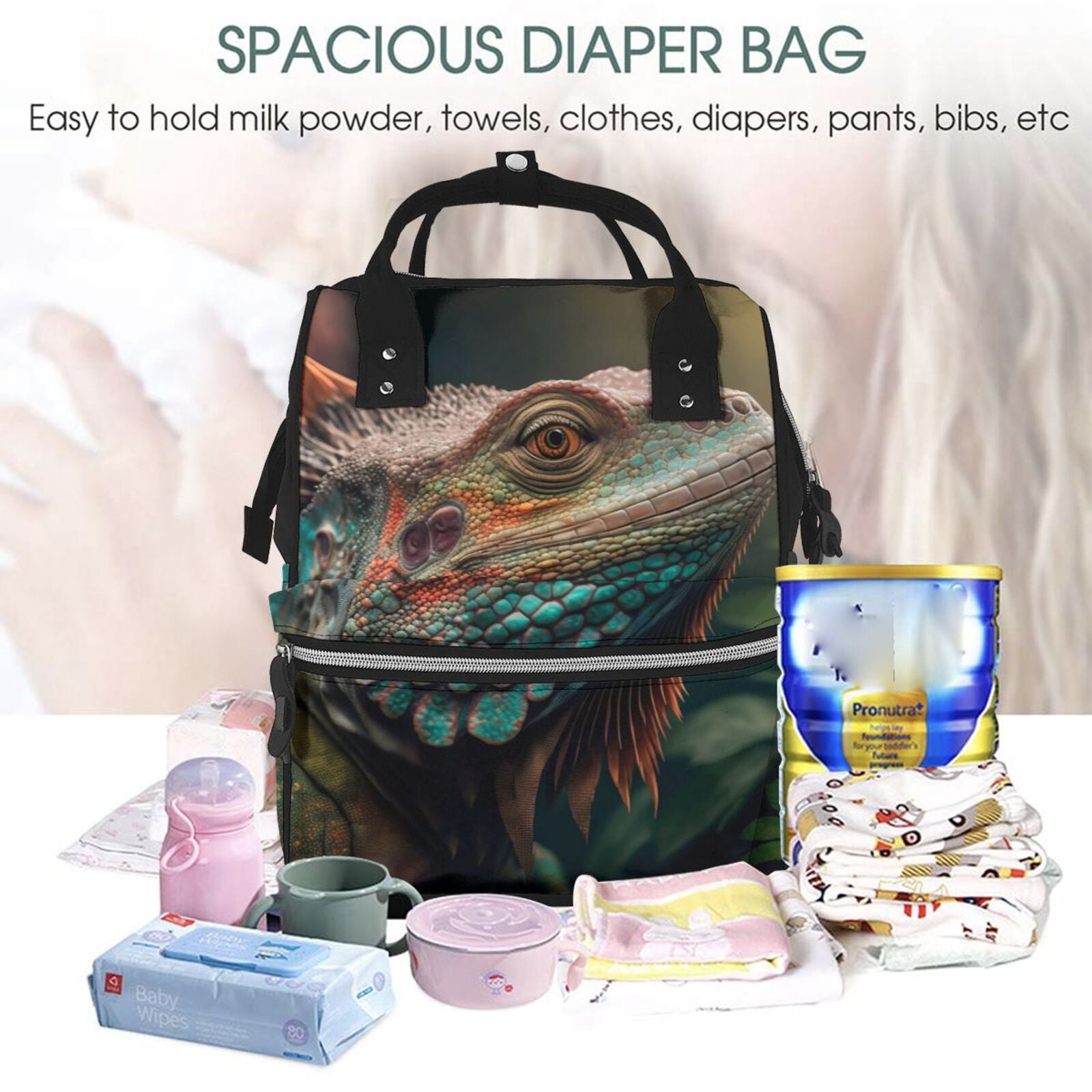 Fuzoiu Realistic Colorful Chameleon Print Diaper Bag Backpack,Baby Essentials Travel Tote,Multi function Waterproof Diaper Bag, Travel Essentials Baby Bag - Unisex