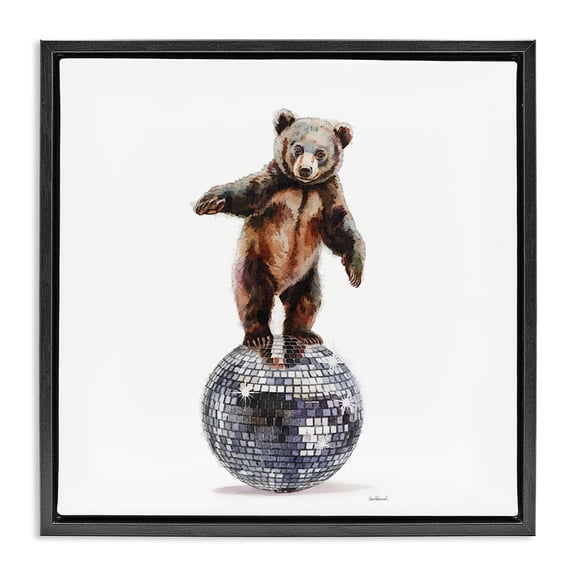 Stupell Industries Bear Balancing on Disco Ball Animals Painting Black Floater Framed Canvas Art Print Wall Art, 18 x 18
