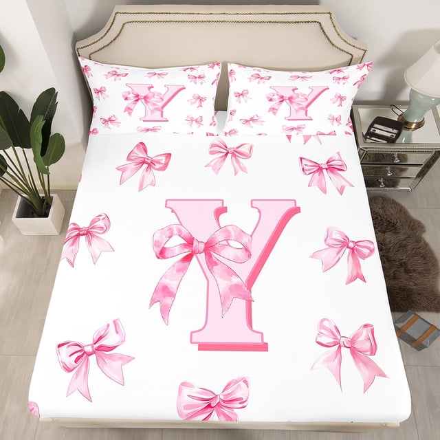 Erosebridal Letter Fitted Sheet Set Queen For Teens,Pink Bowknot Fitted Sheet Queen,Princess Room Decorative,Ultra Soft,3pcs(No Top Sheet)