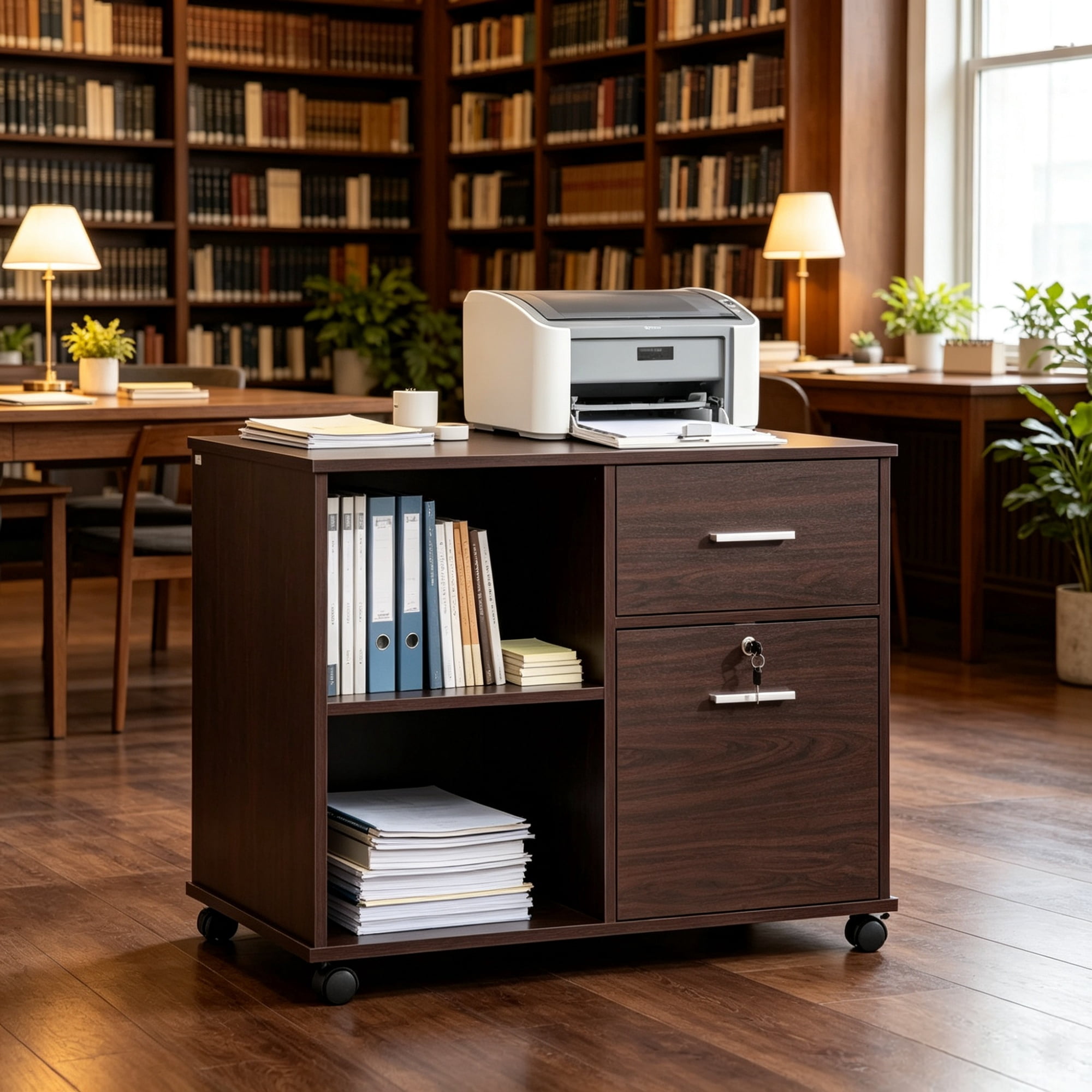 Printer Cabinet with Lockable Drawer and Rolling Casters for Office