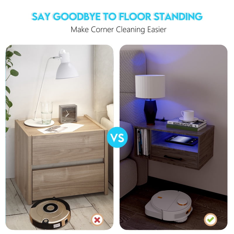 LED Nightstand with Remote Control 26.8” Modern Floating Nightstand with USB Port and Outlet for Bedroom, Light Brown