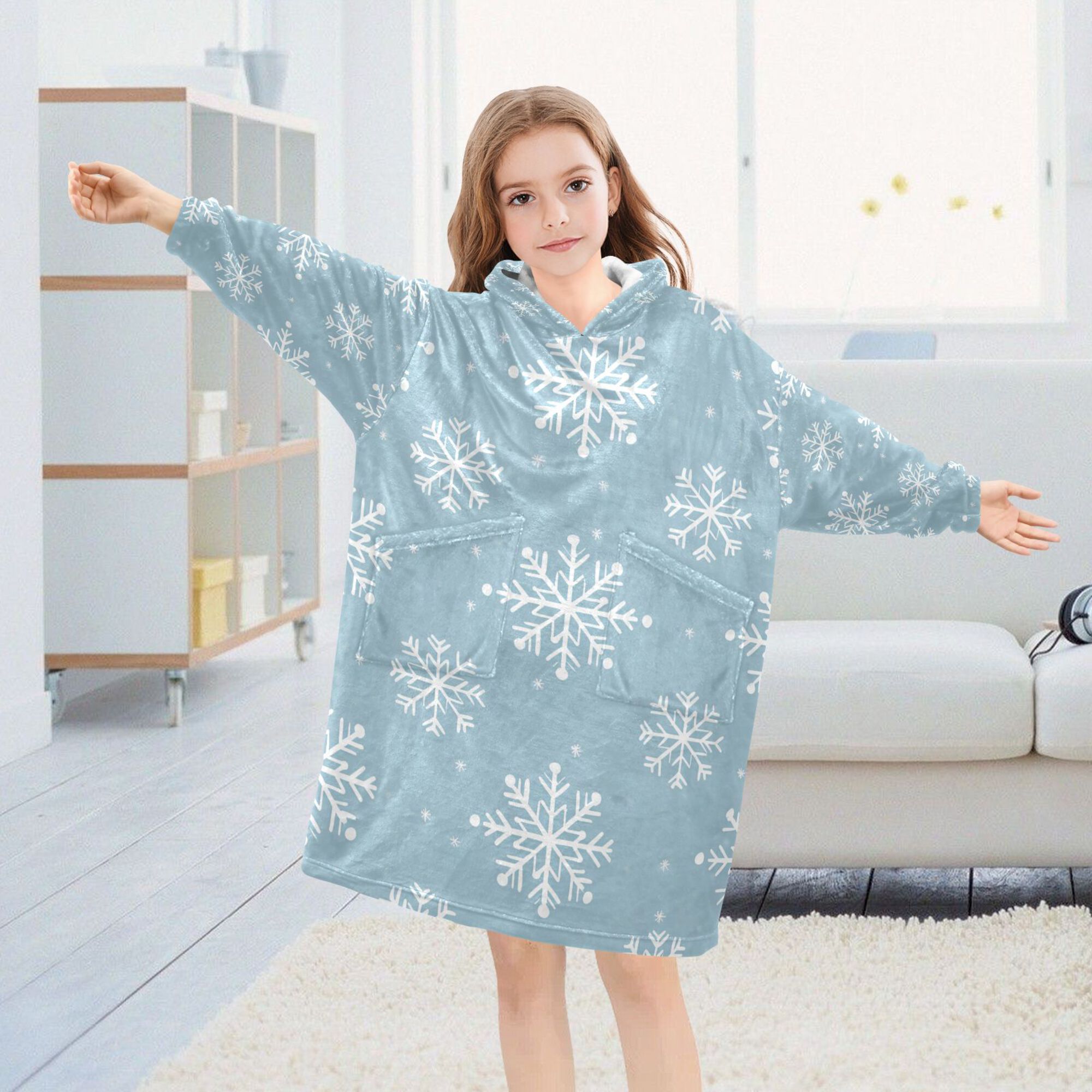 FORMRS Wearable Blanket Hoodie with Sleeves for Kids Cozy Flannel Sweatshirt, Gray Snowflake