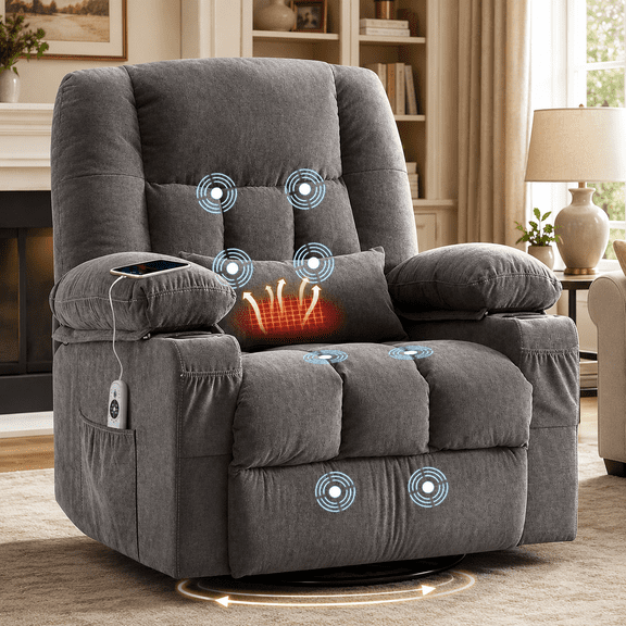 UHOMEPRO Swivel Rocker Recliner Chair with Massage and Heat, Reclining Lounge Chair with 8 Point Vibration, 65° Rocking, Cup Holders, USB Port and Storage Pockets, Grey