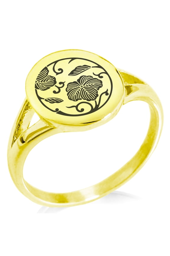 Stainless Steel Ivy Branch Kamon Crest Minimalist Oval Top Polished Statement Signet Ring