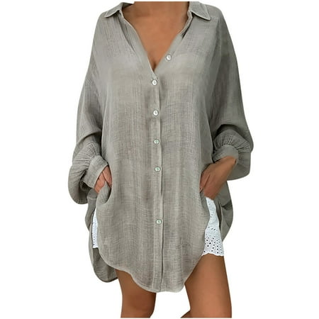 Womens Long Sleeve Button Shirts Tops Linen Cotton Long Sleeve Blouse Tunic Tops Cover Up Shirt Loose Beach Bikini Dress Gray 4XL on Clearance