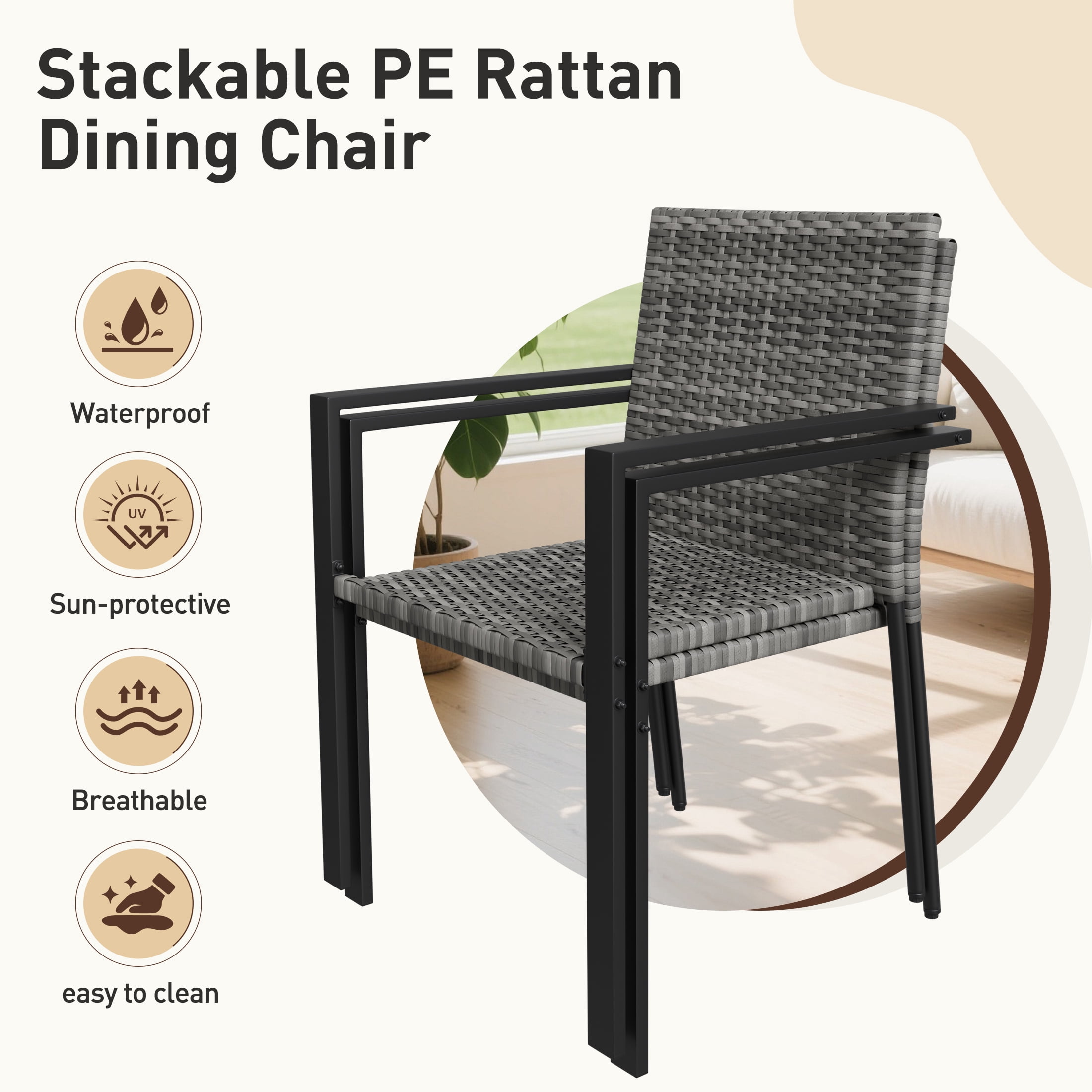 UDPATIO Patio Dining Chairs Set of 4 Stackable Outdoor Wicker Dining Chairs, All-Weather Patio Armchairs with Armrests, Rustproof Steel Frame, Ergonomic Comfort for Backyard, Deck, Garden,Grey