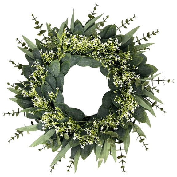 Eucalyptus Wreath for Front Door, 19.7 in（50 cm）Spring and Summer Farmhouse Wreath, Plastic Greenery with White Flowers, Chic Rustic Home Décor, 2025 New Release