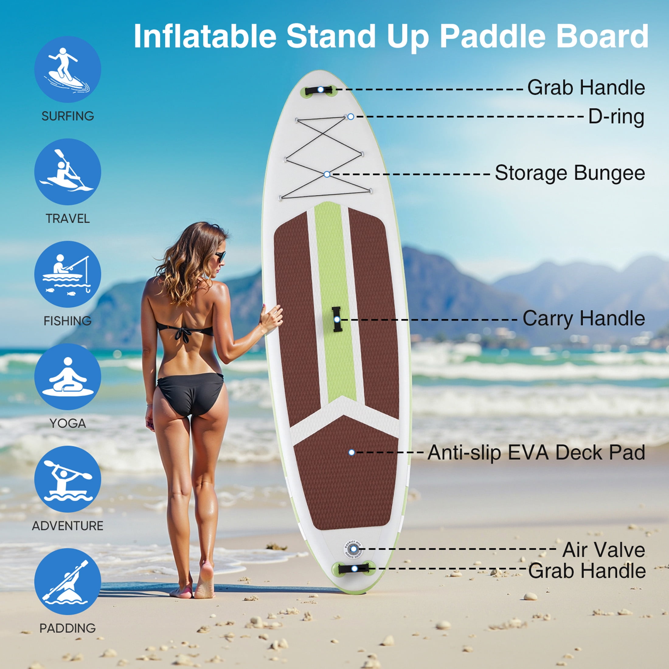 Edx Inflatable Stand Up Paddle Boards 10 ft 5 in with Premium SUP Paddle Board Accessories, Wide Stable Design, Non-Slip Comfort Deck for Youth & Adults，brown green