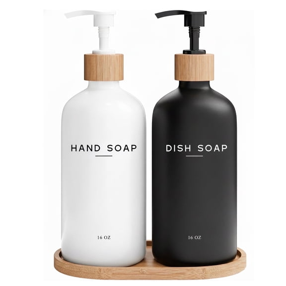 HBK Glass Soap Dispenser Set with Bamboo Tray - 16oz Hand and Dish Soap Bottles for Kitchen Sink - Matte Black & White Modern Farmhouse Decor