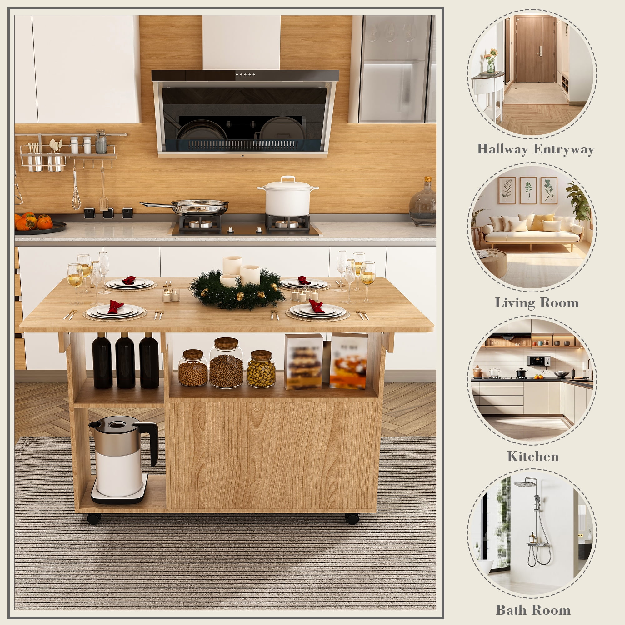 Aukfa Multi-Functional Folding Dining Table with Storage Shelves, Expandable Space-Saving Table for Small Apartments, Rolling Casters,Walnut