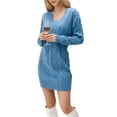 thumbnail image 3 of Vestido Tipo Suéter con Cuello en V para Mujer, Estilo Suéter Tipo Túnica Holgado Informal de Larga con Punto y Larga para Otoño. Azul Pavo Real S, 3 of 8