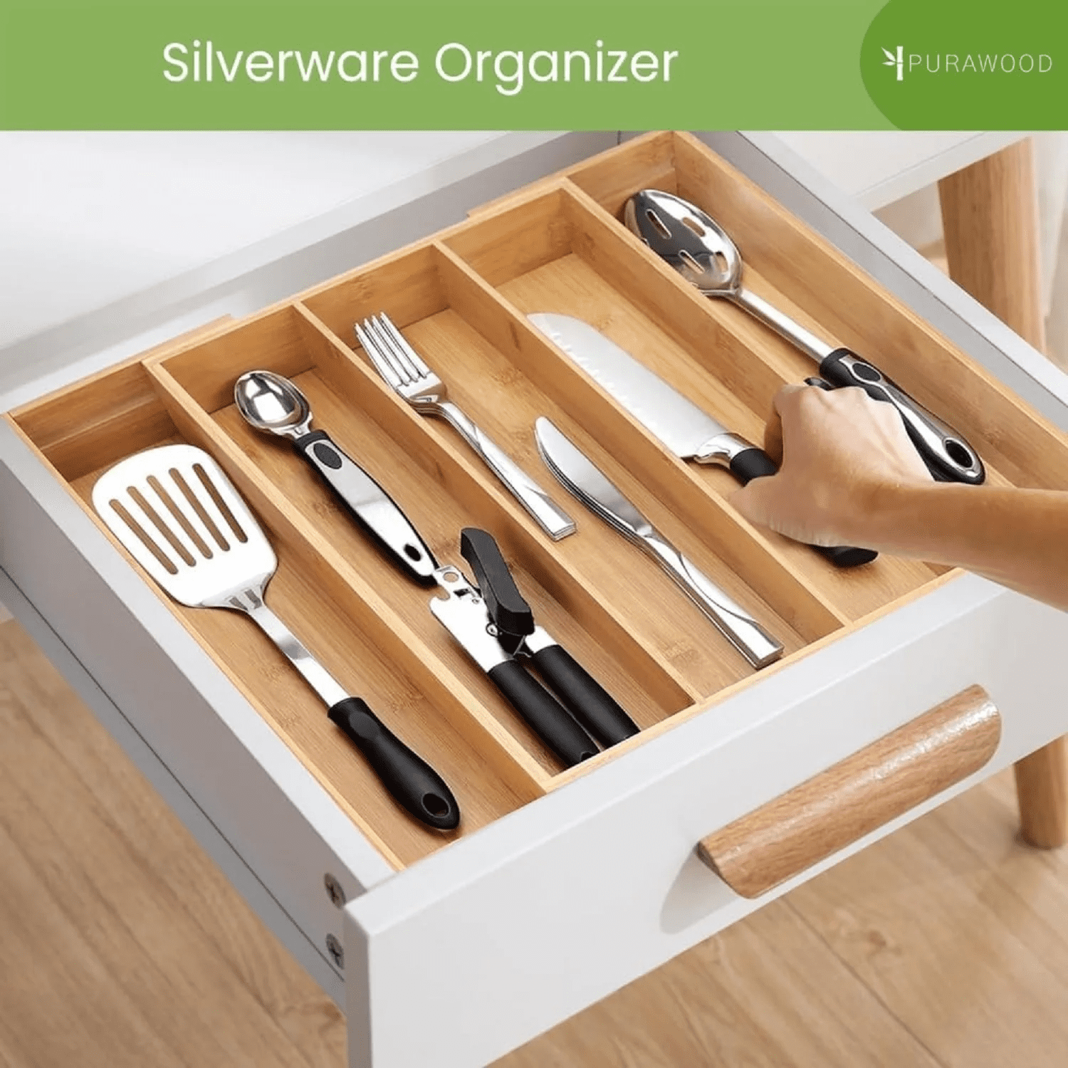 Luxury Bamboo Kitchen Drawer Organizer - Silverware Organizer, Utensil Holder & Cutlery Tray Drawer Dividers for Flatware (9 Slot, Natural)