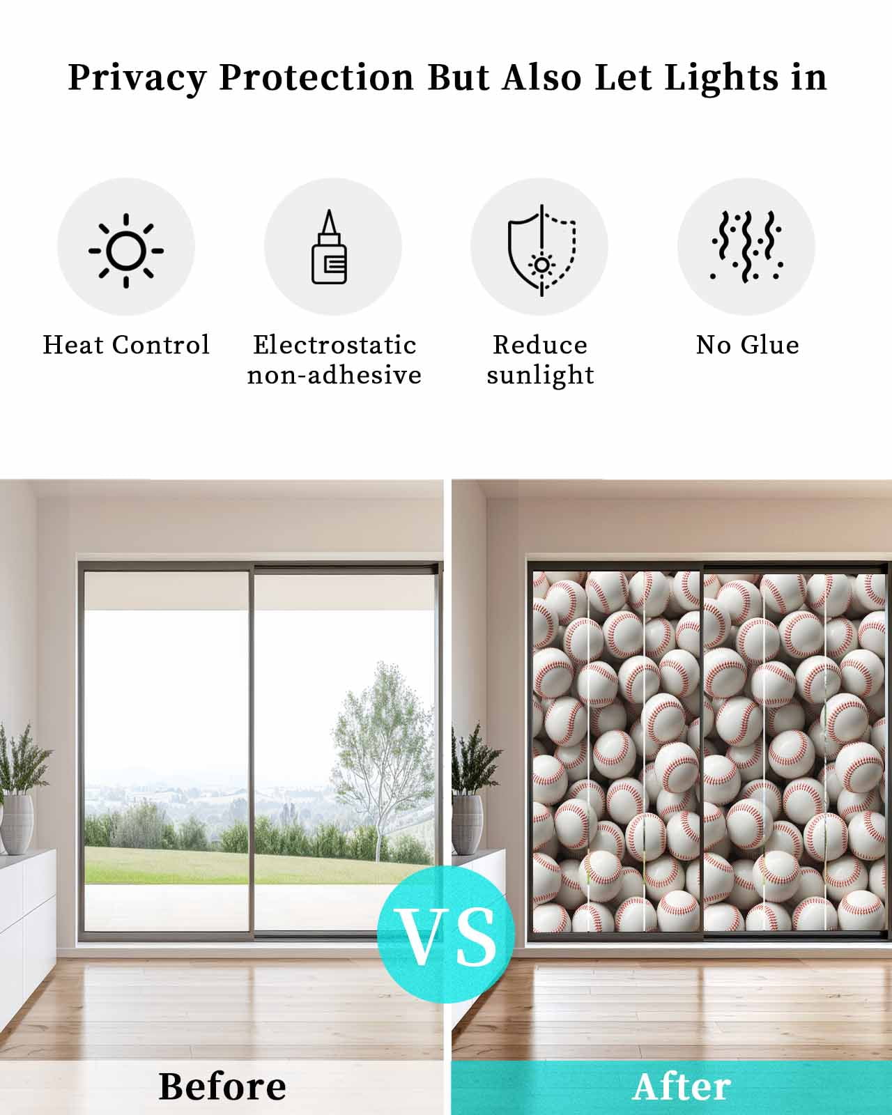 Baseball Window Privacy Film Stained Glass Window Film Decorative Windows Cover Static Windows Cling for Glass Door White Red Art Sport Stickers for Bathroom 23.6"x59"
