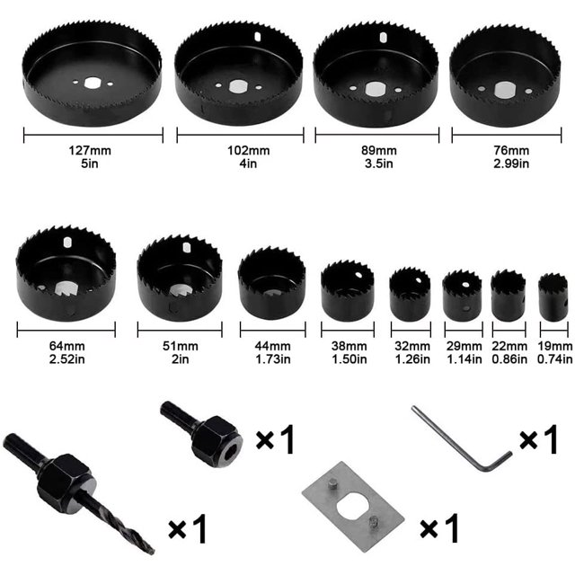 Juego de sierras de corona de 16 piezas con sierra de corona de 12 piezas de 19 mm - 127 mm, 2 mandriles, 1 placa de instalación, 1 llave hexagonal, para taladrar paneles de madera, plástico y PVC