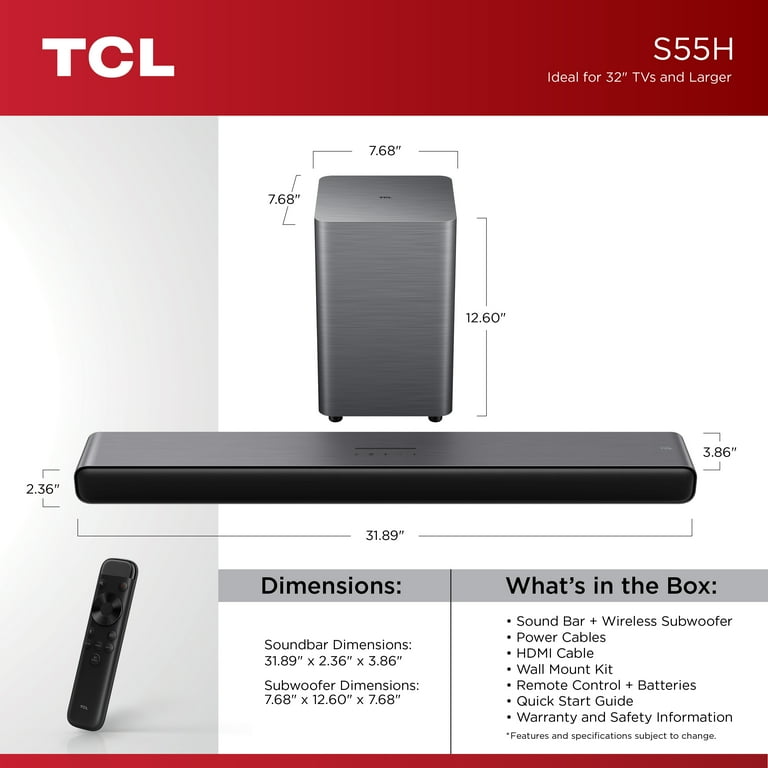 TCL S Class 2.1 Channel Sound Bar with Dolby Atmos, Wireless