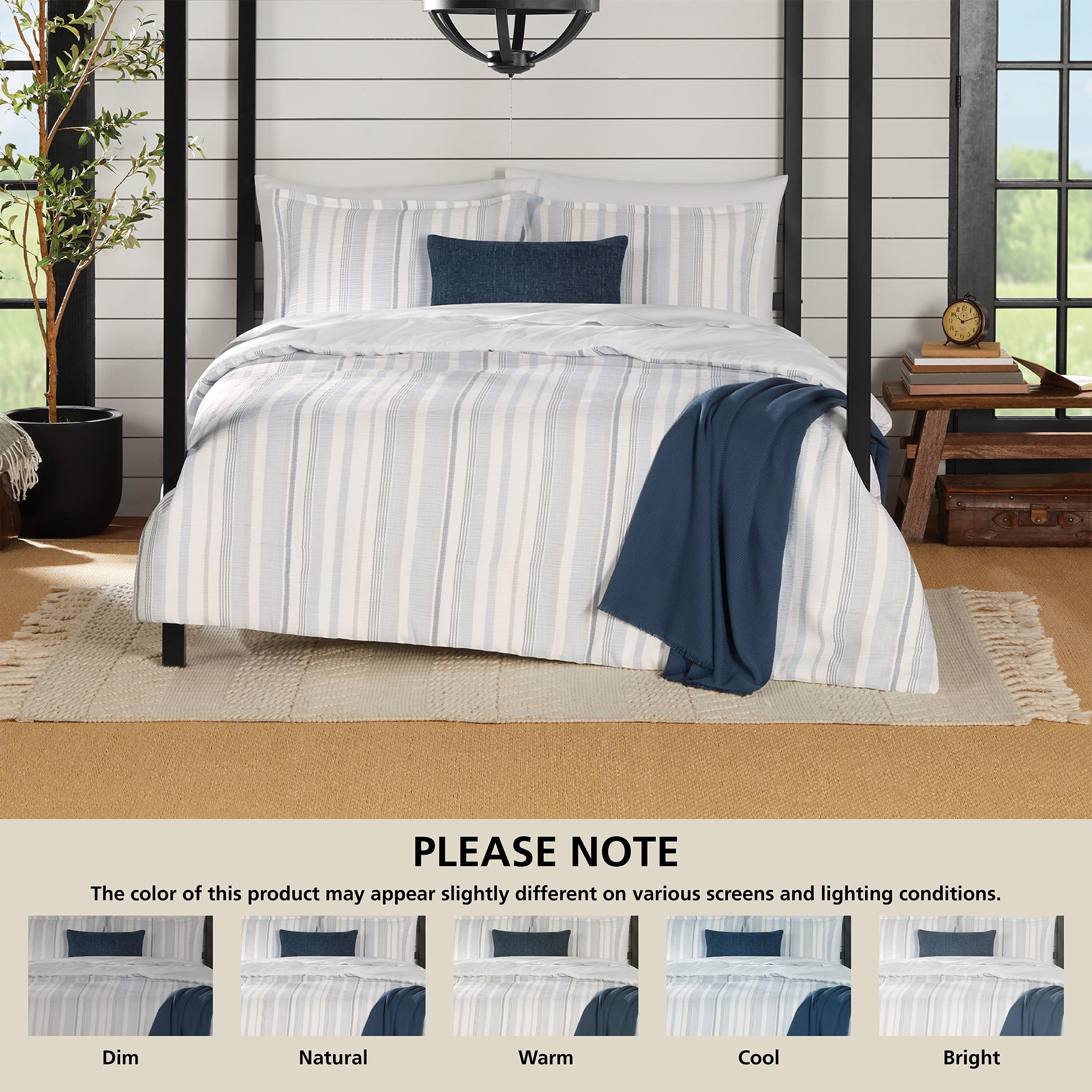 Mainstays Full/Queen 5-Piece All-Season Comforter Set, Blue Yarn Dyed Stripe