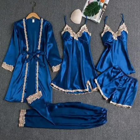 Lingerie Women Cute Heart Print Satin Belted Robe Camisole Shorts Pajamas  Clearance  New style pajamas with chest pads  silk sexy slings  golden flower five-piece pajamas  thin home clothes