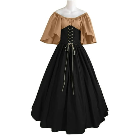 Mrasaso On-trend Low Spend Court Dress Women s Round Neck Dress Flare Sleeve Off Shoulder Medieval Vintage Dresses Corset Patchwork Ball GownYellow 3XL