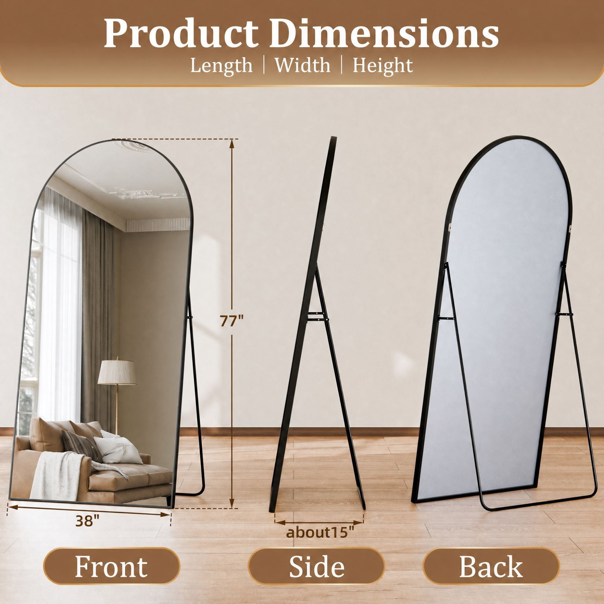 Easy4Home 77"x 38" Oversized Arched Full Length Mirror Metal Frame Freestanding Floor Mirror, Black