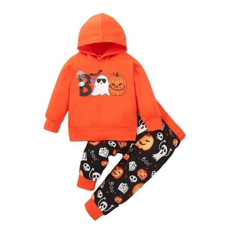 

Bagilaanoe Toddler Baby Girl Boy Halloween Outfits Long Sleeve Print Loose Hooded Tops + Jogger Trousers 1T 2T 3T 4T 5T 2pcs Fall Casual Long Pants Set