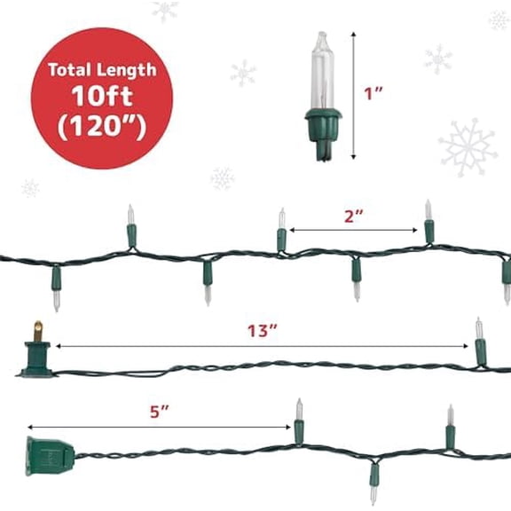 50 Count Clear Christmas Tree Lights - 10 ft Warm White String Lights with Green Wire - Indoor and Outdoor Mini Light for Christmas, Holiday Decorations, Trees, Fences, Patios and More