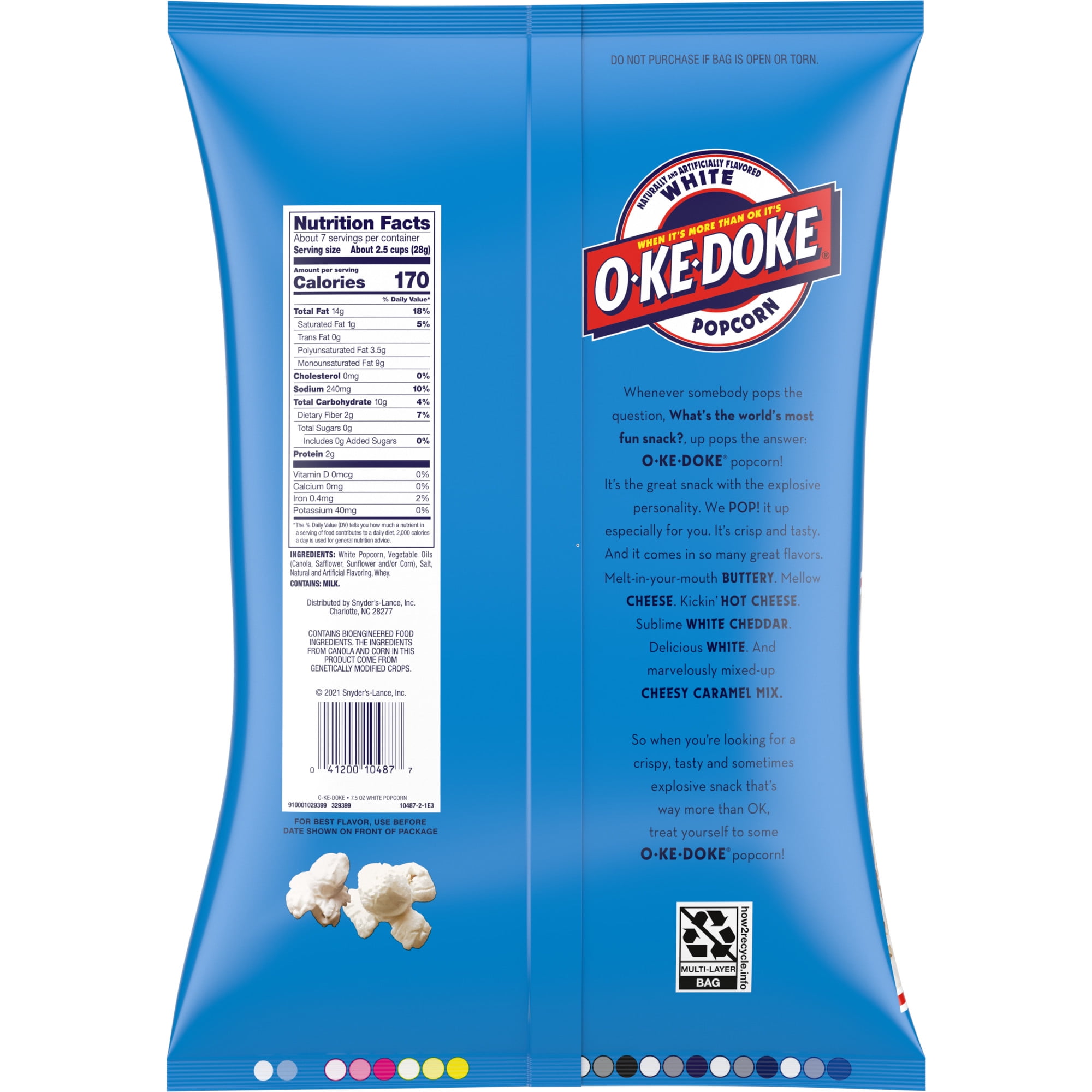 O-Ke-Doke Popcorn, White Popcorn, 7.5 oz Bag