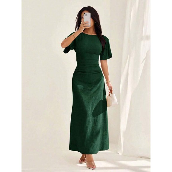 Dark Green Womens Summer Linen Blend Short Sleeve Elegant Maxi Dress With Ruched Waist