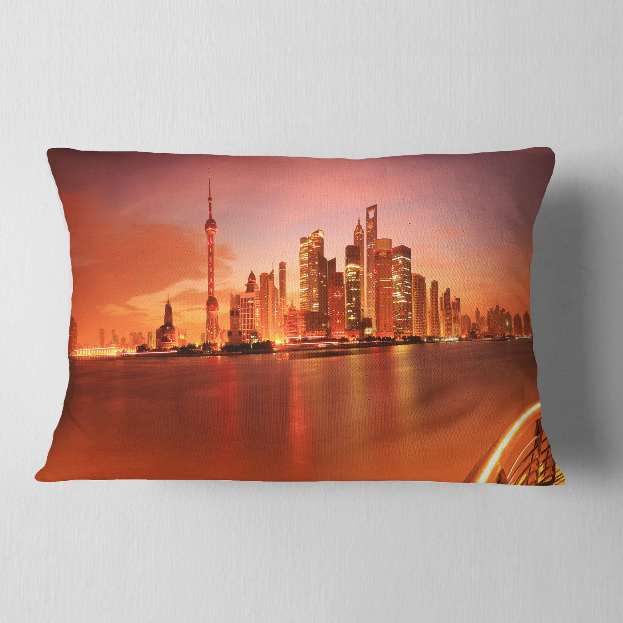 Designart Shanghai Lujiazui Skyline - Cityscape Photography Throw Pillow - 12x20