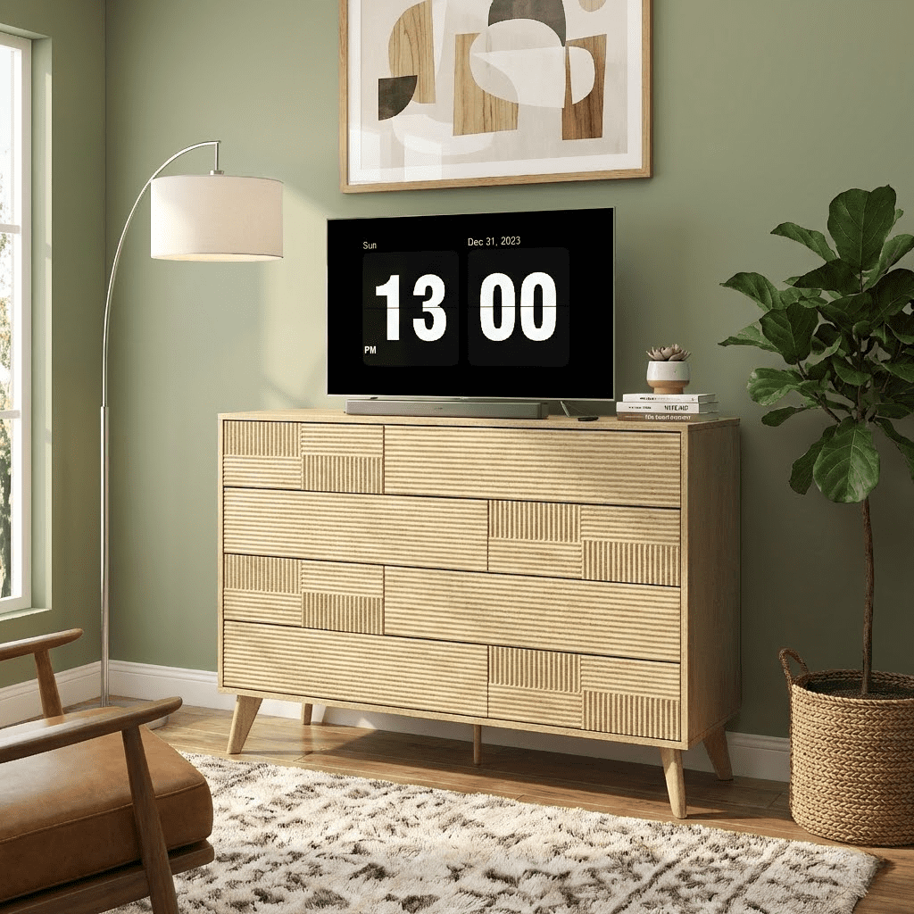 Danpinera Home 8-Drawer Double Dresser for Bedroom, 34" Tall Wood Chest & TV Stand with Fluted Panels, Natural Oak