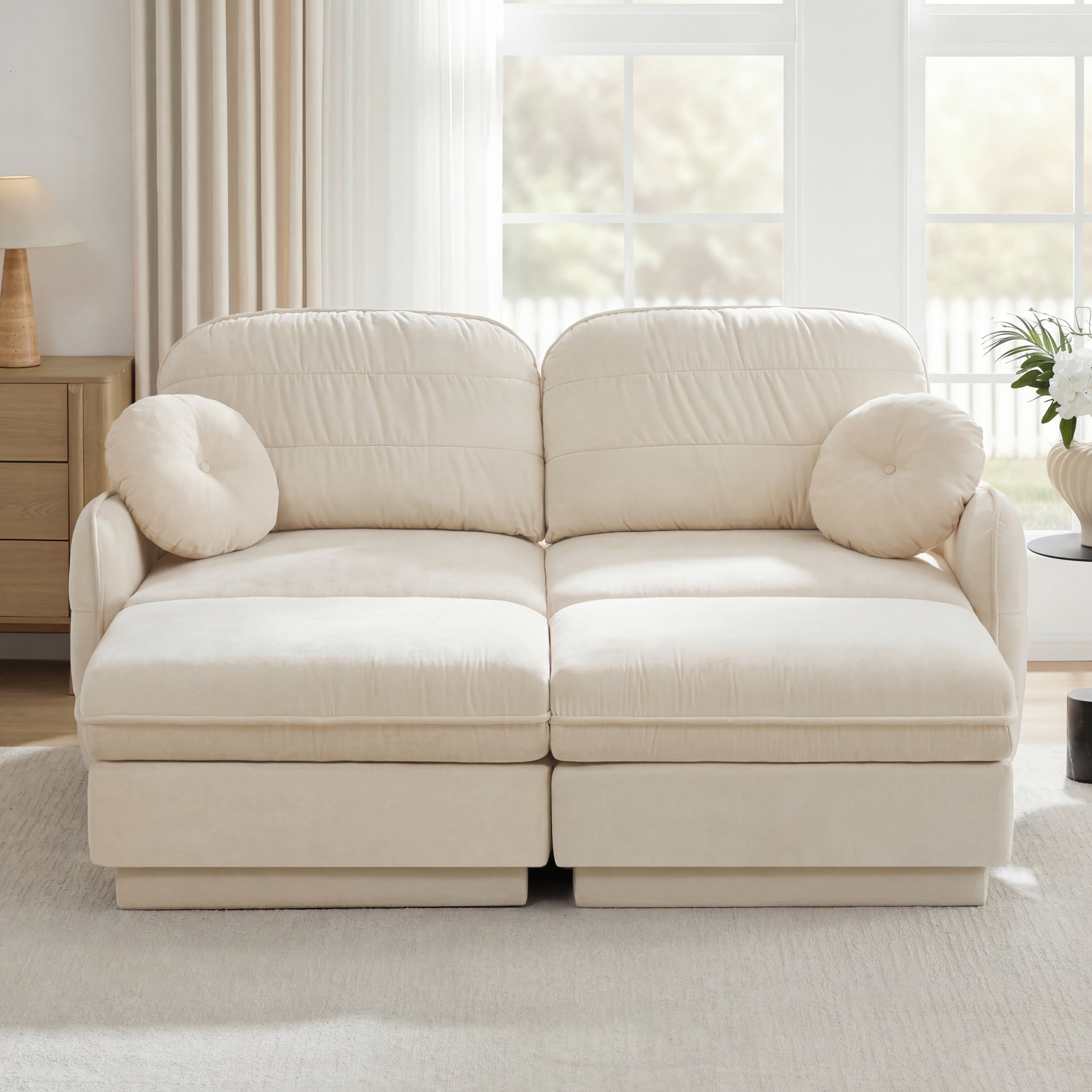 Mintazer Chenille Cloud Loveseat Sofa with 2 Movable Ottoman and Round Pillows, U-Shaped Ergonomic Sofa Couch for Living Room, Bedroom, Cream
