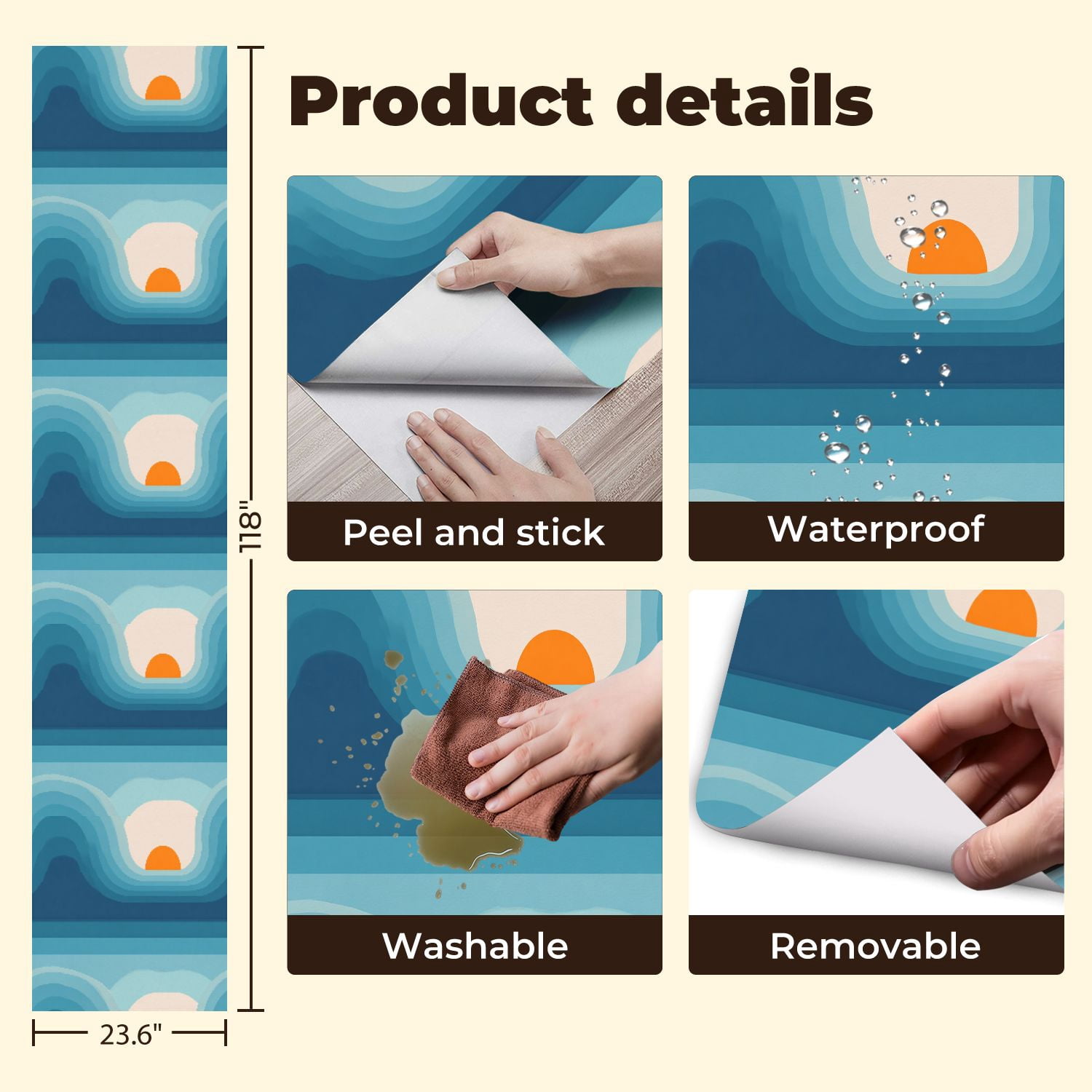 Peel and Stick Wallpaper 23.6in x 9.8ft Retro abstract sunset landscape style mid century modern Contact Paper Vinyl Waterproof Self Adhesive Wall Paper for Bedroom Shelf Cabinet Renter Friendly