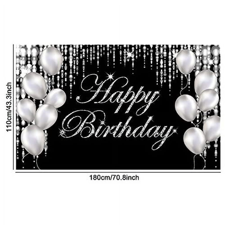 Happy Birthday Banner Backdrop Silver Birthday Party Decorations Black White