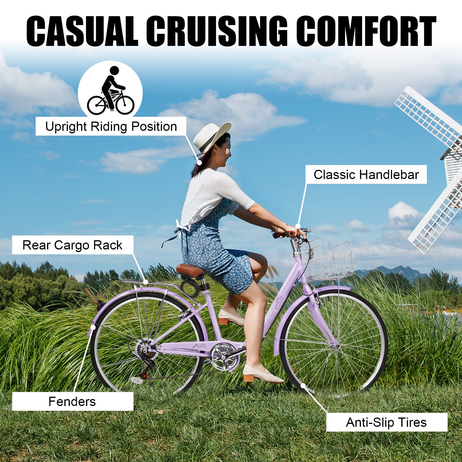 Ktaxon 26in Folding Beach Cruiser Bike for Women, 7-Speed City Commuter Bike with Lock, Basket & Rack, Purple