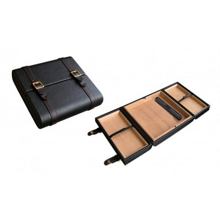 Leather Humidor - Augustus Travel Cigar Humidor - Black Leather w/Gold Buckles & Red Stitching - Capacity: 20