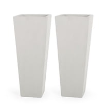 Toland Outdoor Modern Large Cast Stone Planters, Set of 2, White