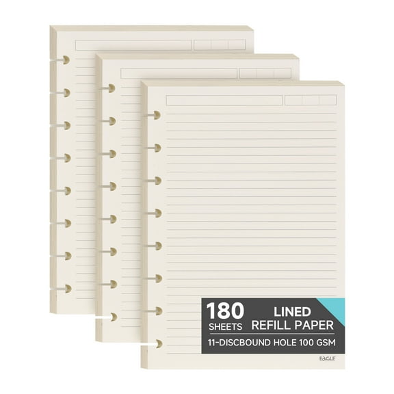 Eagle Discbound Refill Paper, 60 Sheets Ruled Lined Filler Paper for Junior Size Notebooks | 8-Hole Punched, 8.5 x 5.5 Inch, 3 Packs Included, Total 180 Sheets, Ruled Pages