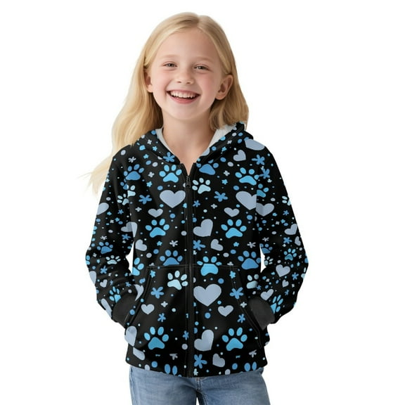 Xoenoiee Dog Paw Heart Floral Print Fleece Full Zip Hoodies for Kids Girls Activewear Autumn Winter Long Sleeve Hooded Sweatshirt Lightweight Hooded Jacket Sports Shirt with Pocket, 6-7 Years