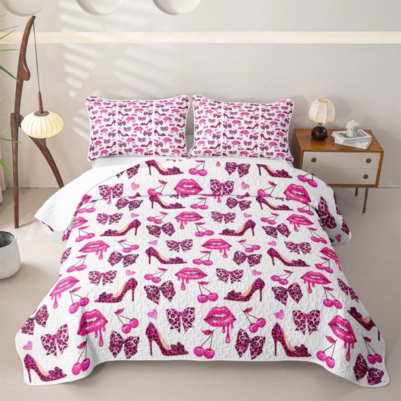 Erosebridal Fashion Leopard Lip Print Twin Quilt Set for Girls, Cherry High Heel Twin Coverlet Set, 2-Piece