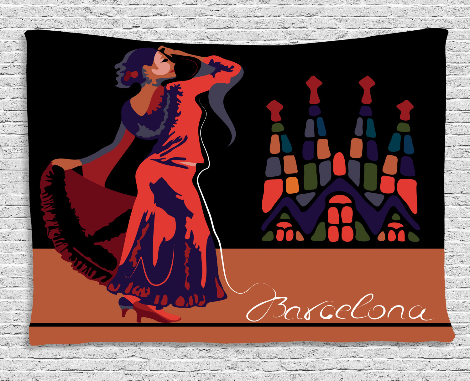 Spanish Tapestry, Traditional Dancer Woman in Barcelona City with Historical Architecture 