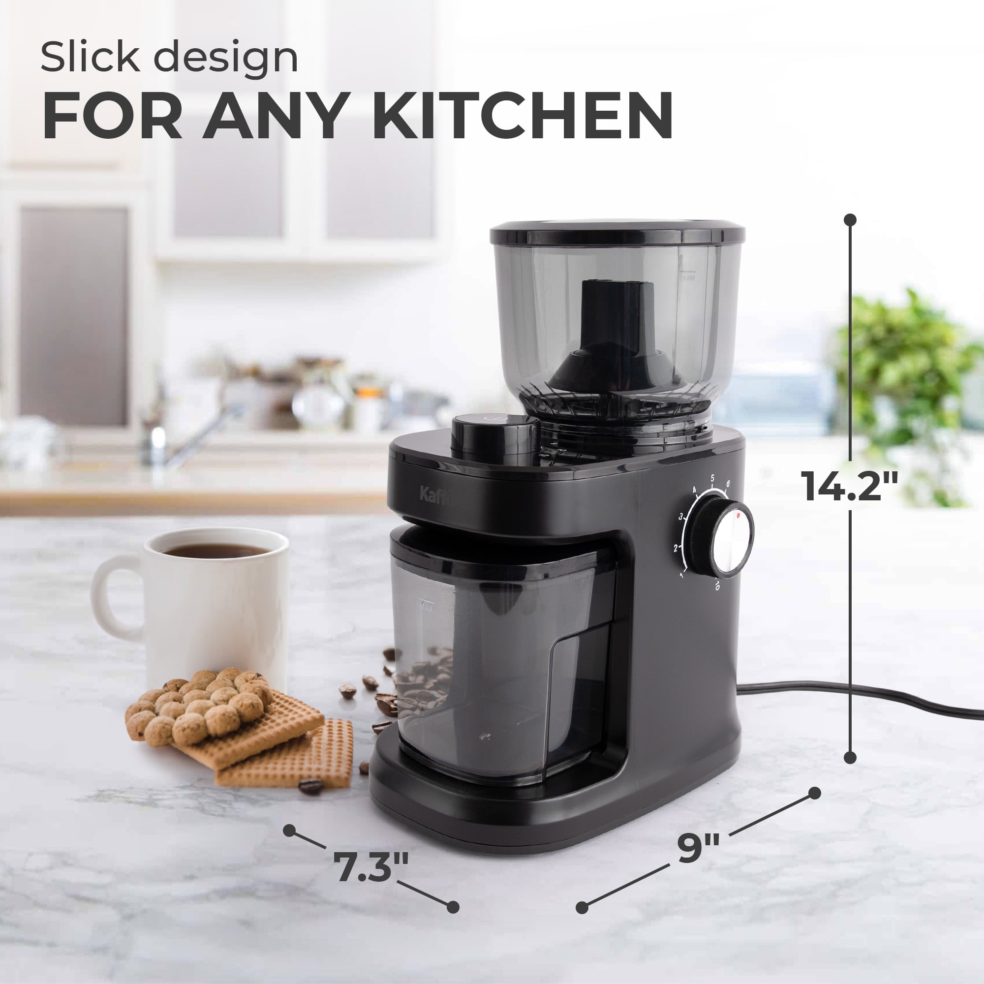 Kaffe Electric Burr Coffee Grinder (8oz) – Adjustable Coarseness & Timer – Flat Burr Grinder for Precision Brewing – Automatic On/Off – Black