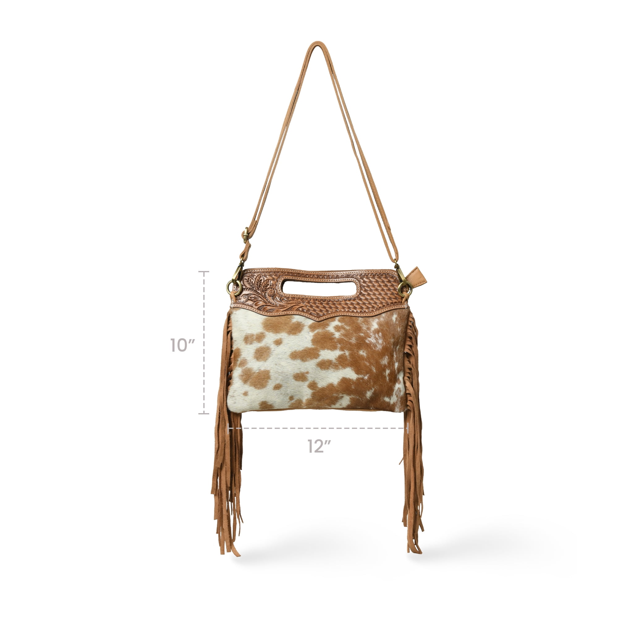 Women's Western Fringe Leather Hand Bag – Sling Bag Suede Hair-On Handbag with Adjustable Strap, Handmade Sling Purse 12"x10" Tan n White