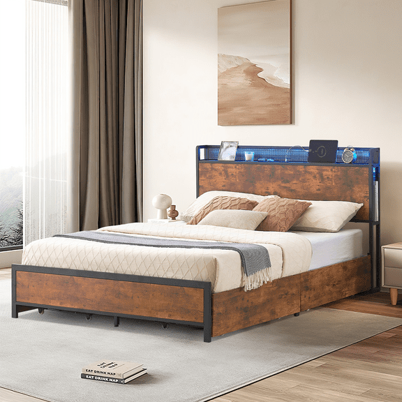 CazToi Full Size Bed Frame with 4 Drawers & Storage Headboard & Charging Station & LED Lights