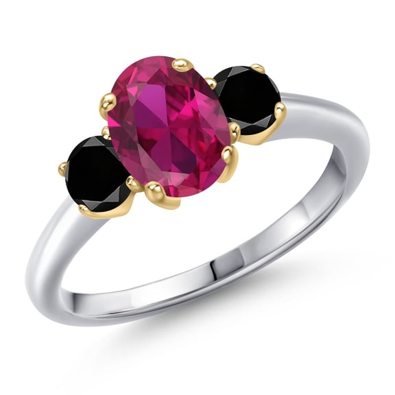 Gem Stone King 10K Two Tone Gold Red Created Ruby and Black Diamond Engagement Ring for Women | 1.89 Cttw | Oval 8X6MM | Gemstone July Birthstone | Size 5