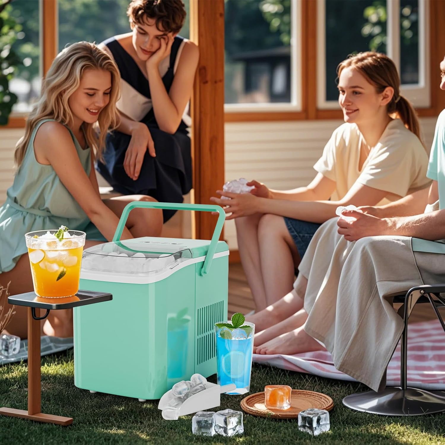 Portable Ice Machine Countertop with Handle, 9 Bullet Ice Cubes in 6 Mins, 26lbs/24Hrs, Auto-Cleaning, Includes Basket and Scoop for Home Kitchen RV Camping