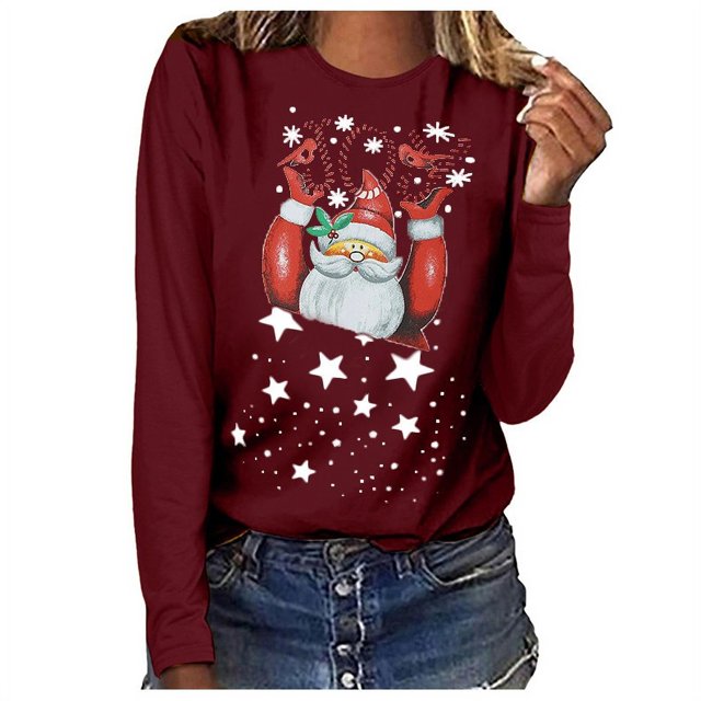 Babysbule Hauts de Noël pour Femmes Joyeux Noël Imprimé Femmes Décontracté Manches Longues Col Rond Chandail en Molleton Chandail Blouse